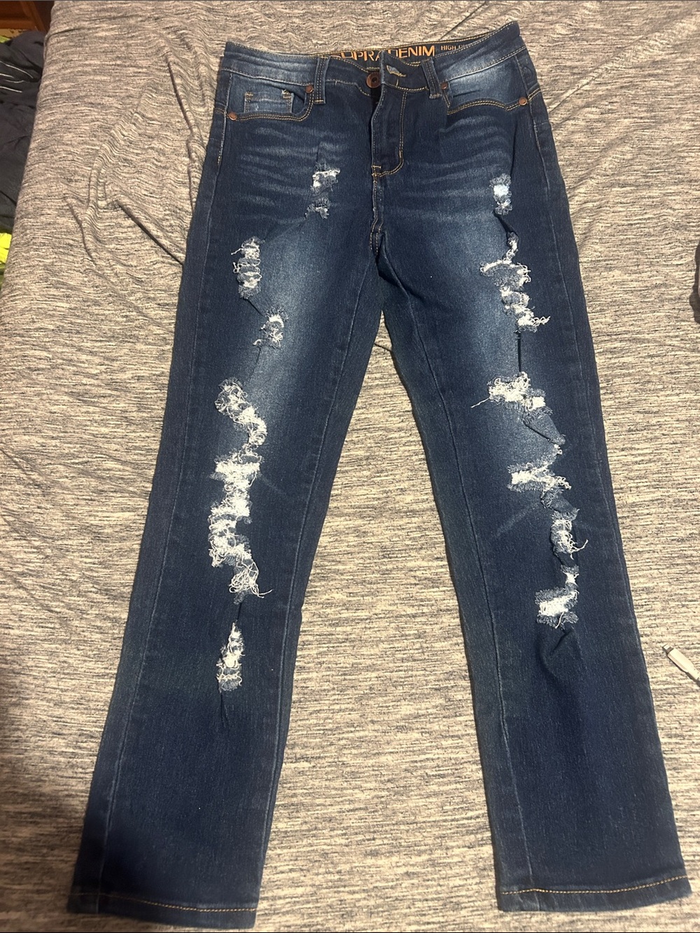 Distressed Dark Blue Denim Jeans with Front Rips